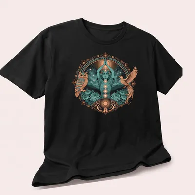 Detailed illustration of a Meditation Goddess with Phoenix and Owl, vibrant colors. — printed on a unisex t-shirt (angled view)