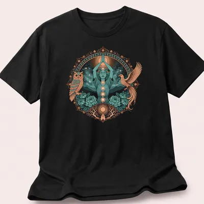 Detailed illustration of a Meditation Goddess with Phoenix and Owl, vibrant colors.
