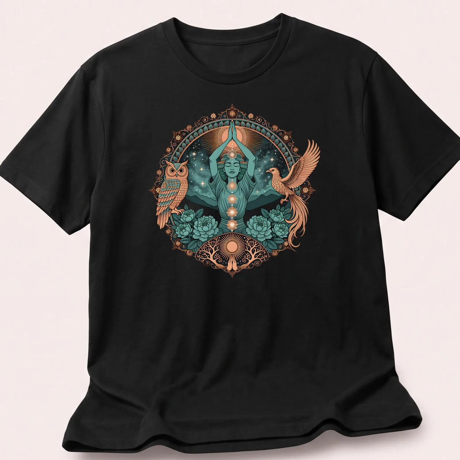 Detailed illustration of a Meditation Goddess with Phoenix and Owl, vibrant colors. — printed on a unisex t-shirt