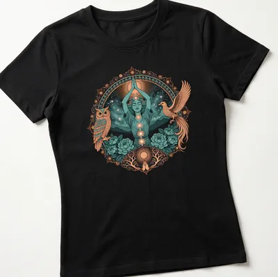 Detailed illustration of a Meditation Goddess with Phoenix and Owl, vibrant colors. — printed on a women's shirt