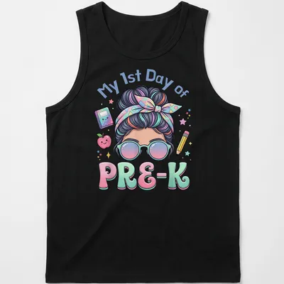 Kawaii cartoon girl with messy bun on a pastel background, celebrating first day of preschool — printed on a tank top