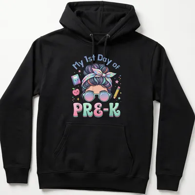 Kawaii cartoon girl with messy bun on a pastel background, celebrating first day of preschool — printed on a unisex hoodie