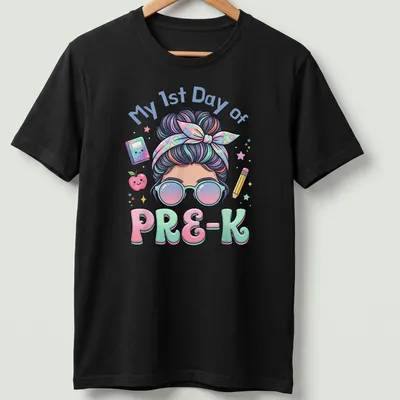 Kawaii cartoon girl with messy bun on a pastel background, celebrating first day of preschool
