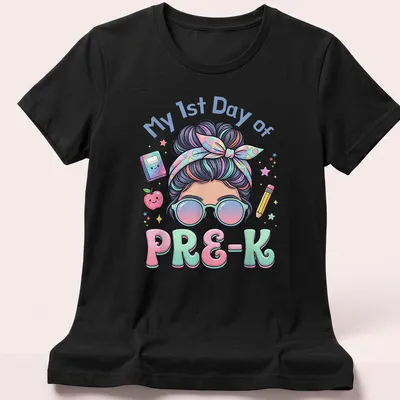 Kawaii cartoon girl with messy bun on a pastel background, celebrating first day of preschool — printed on a women's shirt