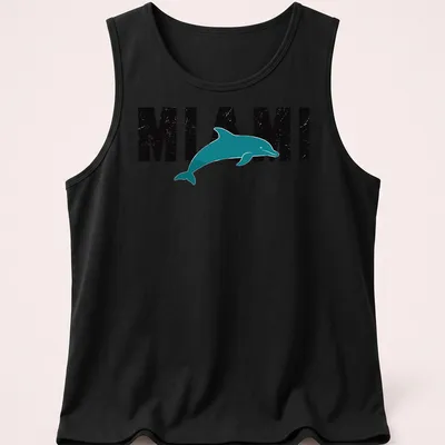 Retro distressed Miami Dolphin t-shirt featuring a dolphin and bold text. — printed on a tank top