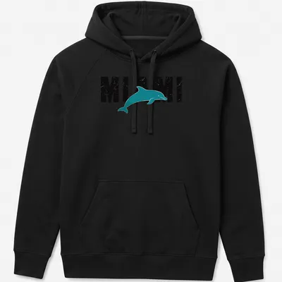 Retro distressed Miami Dolphin t-shirt featuring a dolphin and bold text. — printed on a unisex hoodie