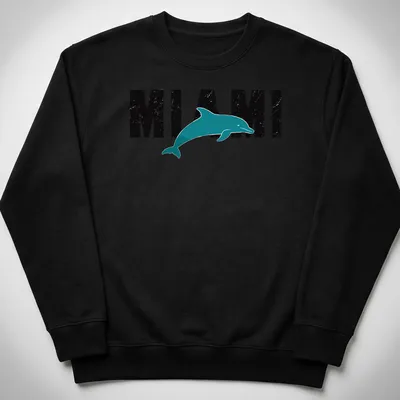 Retro distressed Miami Dolphin t-shirt featuring a dolphin and bold text. — printed on a unisex sweatshirt