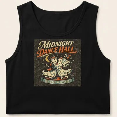 Retro vintage t-shirt featuring dancing ghosts with colorful text. — printed on a tank top