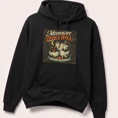 Retro vintage t-shirt featuring dancing ghosts with colorful text. — printed on a unisex hoodie