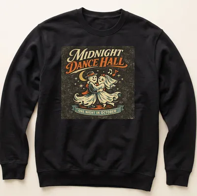 Retro vintage t-shirt featuring dancing ghosts with colorful text. — printed on a unisex sweatshirt