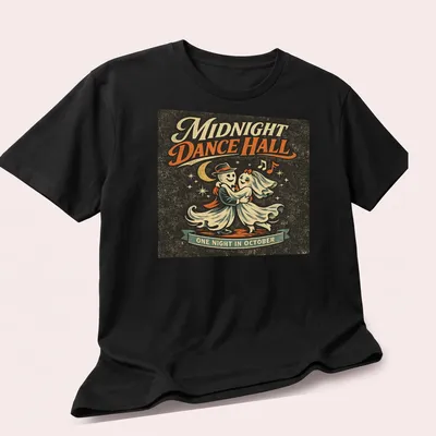 Retro vintage t-shirt featuring dancing ghosts with colorful text. — printed on a unisex t-shirt (angled view)