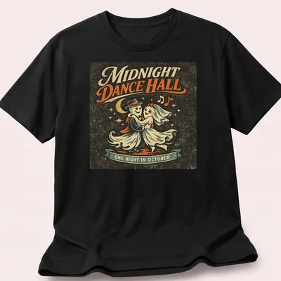 Retro vintage t-shirt featuring dancing ghosts with colorful text.