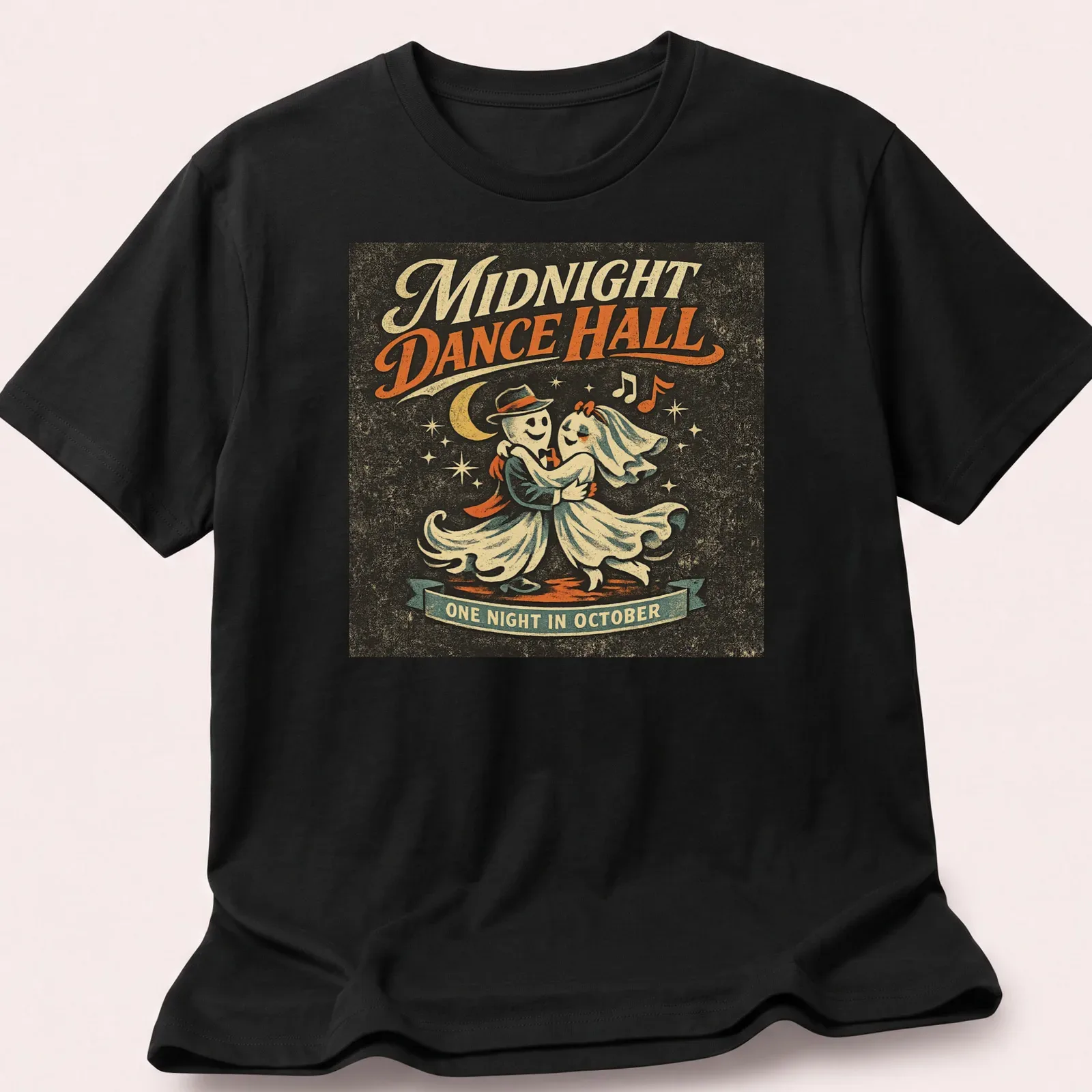Retro vintage t-shirt featuring dancing ghosts with colorful text. — printed on a unisex t-shirt