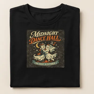 Retro vintage t-shirt featuring dancing ghosts with colorful text. — printed on a women's shirt