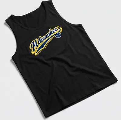 Retro script t-shirt featuring the word Milwaukee with baseball elements in navy, yellow, and white — printed on a tank top