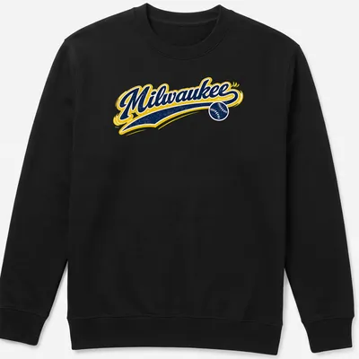 Retro script t-shirt featuring the word Milwaukee with baseball elements in navy, yellow, and white — printed on a unisex sweatshirt