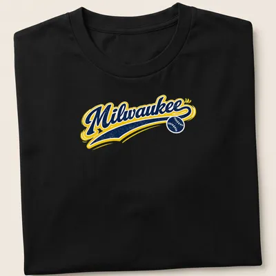 Retro script t-shirt featuring the word Milwaukee with baseball elements in navy, yellow, and white