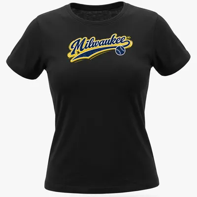 Retro script t-shirt featuring the word Milwaukee with baseball elements in navy, yellow, and white — printed on a women's shirt