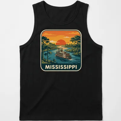 Retro design featuring a Mississippi River steamboat with nostalgic colors — printed on a tank top
