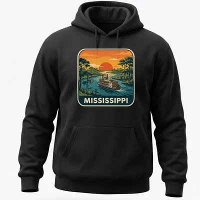 Retro design featuring a Mississippi River steamboat with nostalgic colors — printed on a unisex hoodie