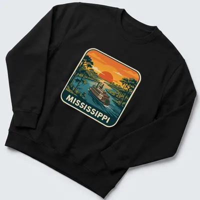 Retro design featuring a Mississippi River steamboat with nostalgic colors — printed on a unisex sweatshirt