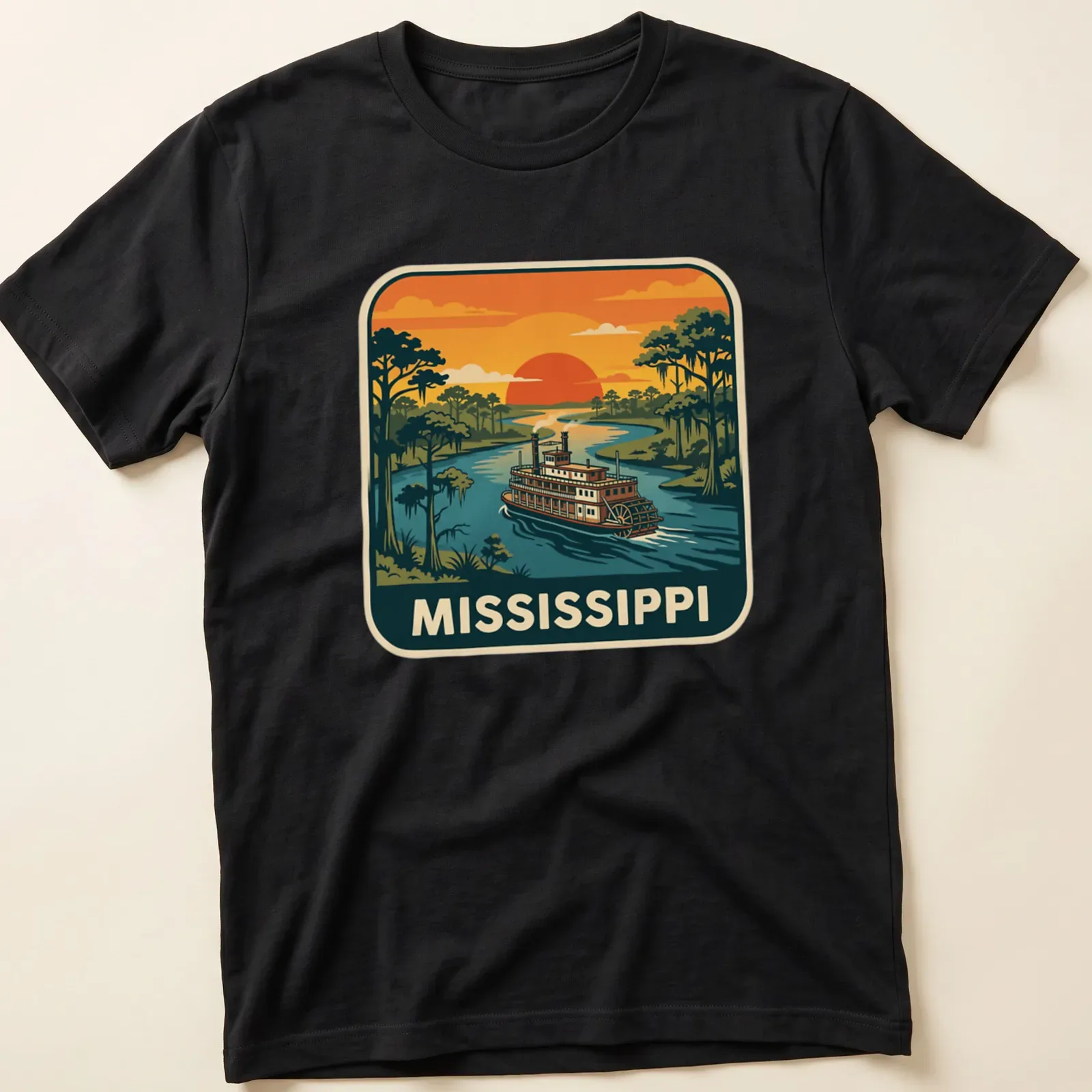 Retro design featuring a Mississippi River steamboat with nostalgic colors — printed on a unisex t-shirt