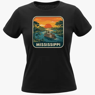 Retro design featuring a Mississippi River steamboat with nostalgic colors — printed on a women's shirt
