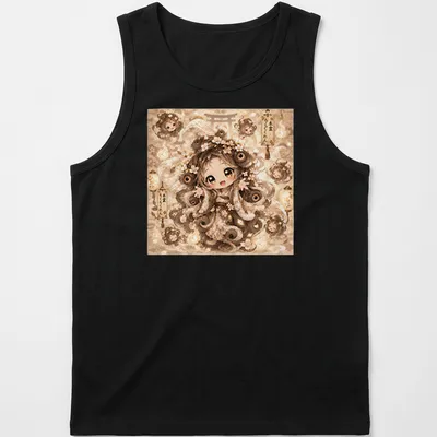 Kawaii T-shirt featuring the Mokumokuren character in soft beige and cream tones — printed on a tank top
