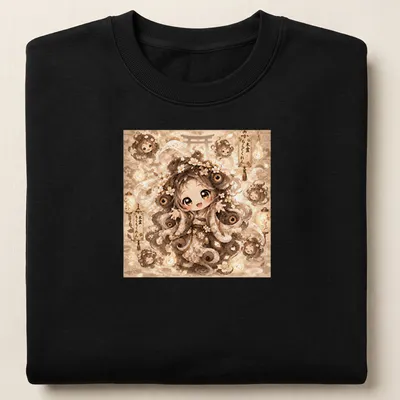 Kawaii T-shirt featuring the Mokumokuren character in soft beige and cream tones — printed on a unisex sweatshirt