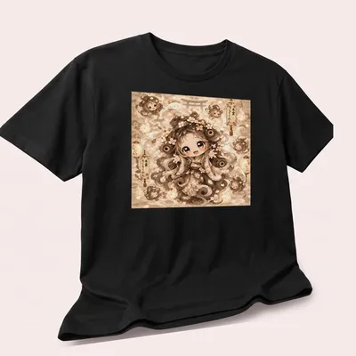 Kawaii T-shirt featuring the Mokumokuren character in soft beige and cream tones — printed on a unisex t-shirt (angled view)