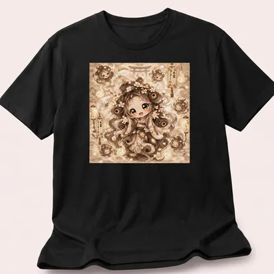 Kawaii T-shirt featuring the Mokumokuren character in soft beige and cream tones