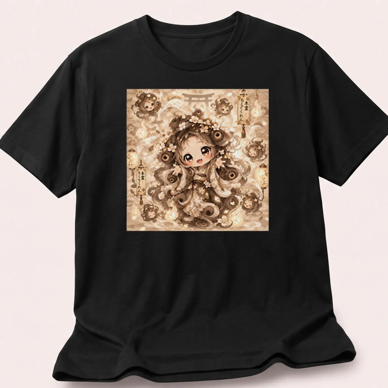 Kawaii T-shirt featuring the Mokumokuren character in soft beige and cream tones — printed on a unisex t-shirt