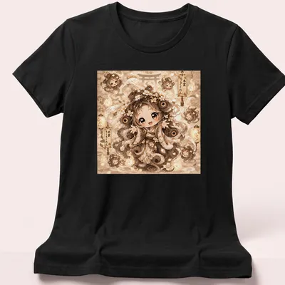 Kawaii T-shirt featuring the Mokumokuren character in soft beige and cream tones — printed on a women's shirt
