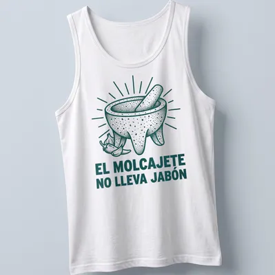 Vintage illustrated T-shirt with a molcajete and the text El Molcajete No Lleva Jabón — printed on a tank top