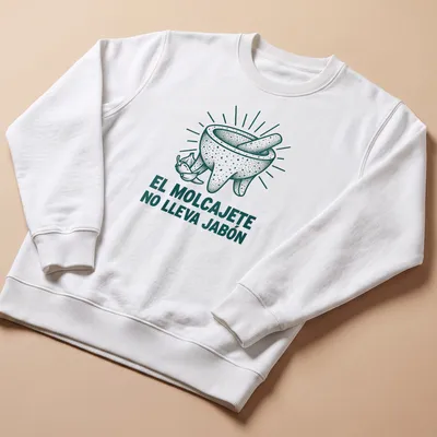Vintage illustrated T-shirt with a molcajete and the text El Molcajete No Lleva Jabón — printed on a unisex sweatshirt
