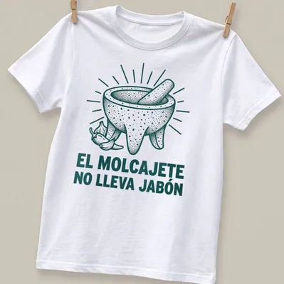 Vintage illustrated T-shirt with a molcajete and the text El Molcajete No Lleva Jabón