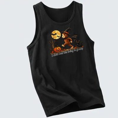 Whimsical illustration of a monkey in a witch hat with playful text — printed on a tank top