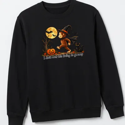 Whimsical illustration of a monkey in a witch hat with playful text — printed on a unisex sweatshirt