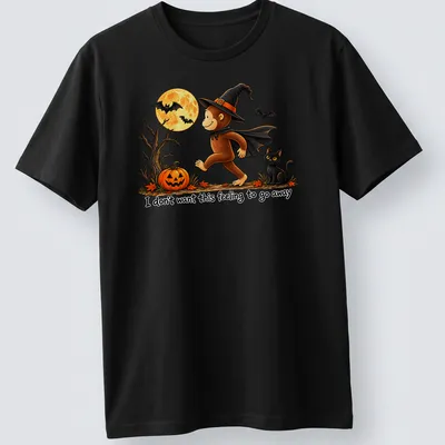 Whimsical illustration of a monkey in a witch hat with playful text