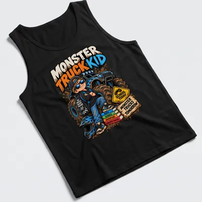 Cartoon design featuring a monster truck kid with multicolored text about school and dreams. — printed on a tank top