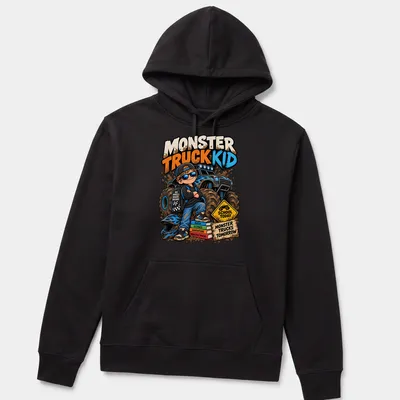 Cartoon design featuring a monster truck kid with multicolored text about school and dreams. — printed on a unisex hoodie