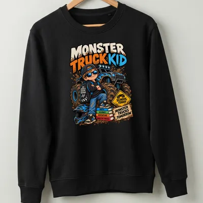 Cartoon design featuring a monster truck kid with multicolored text about school and dreams. — printed on a unisex sweatshirt