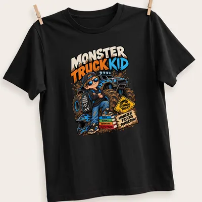 Cartoon design featuring a monster truck kid with multicolored text about school and dreams.