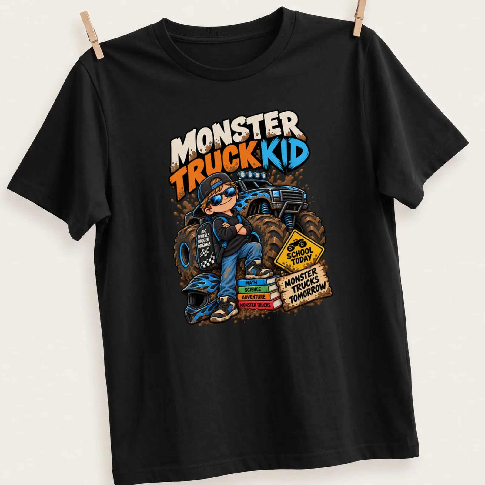 Cartoon design featuring a monster truck kid with multicolored text about school and dreams. — printed on a unisex t-shirt