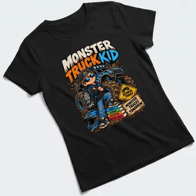 Cartoon design featuring a monster truck kid with multicolored text about school and dreams. — printed on a women's shirt