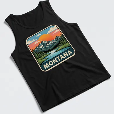 Retro print of Montana's Rocky Mountain Lake at sunset, with the word 'MONTANA' above. — printed on a tank top