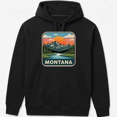 Retro print of Montana's Rocky Mountain Lake at sunset, with the word 'MONTANA' above. — printed on a unisex hoodie
