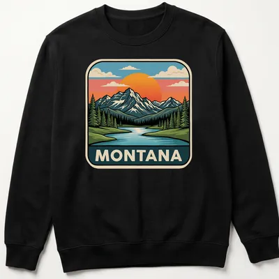 Retro print of Montana's Rocky Mountain Lake at sunset, with the word 'MONTANA' above. — printed on a unisex sweatshirt