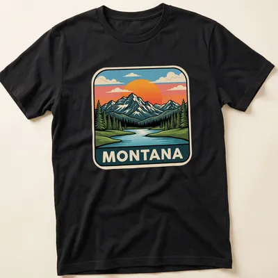 Retro print of Montana's Rocky Mountain Lake at sunset, with the word 'MONTANA' above.