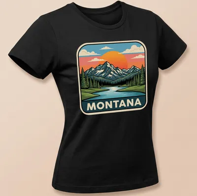 Retro print of Montana's Rocky Mountain Lake at sunset, with the word 'MONTANA' above. — printed on a women's shirt